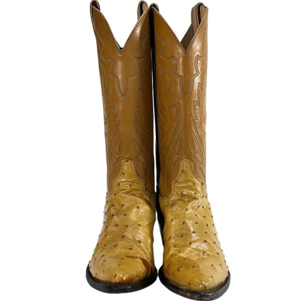 Vintage 80s Justin Womens Full Quill Ostrich Cowboy Boots 9.5 B Tan Made in USA